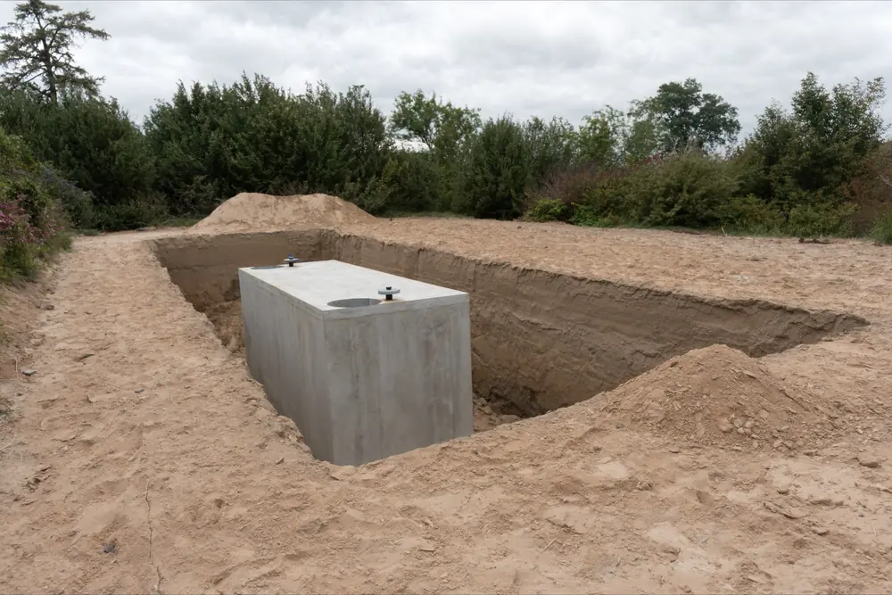 A new precast concrete septic tank set in an open excavation in pale sandy soil, with spoil piles and scrub oak beyond, in Falmouth, Massachusetts