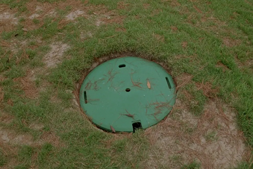 A round green septic tank access lid set flush with a patchy sandy lawn scattered with pine needles in Yarmouth, Massachusetts